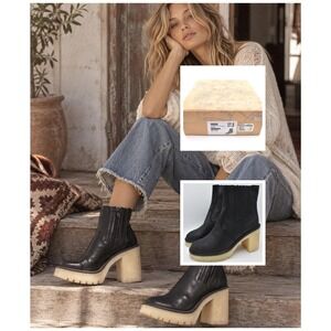 Free People James Chelsea Boots 7.5 37.5 Black Leather Platform Lugged Heel NIB